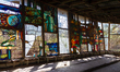 Stained-glass windows are seen at the Prypiat cafe in Prypiat, a city abandoned after the...