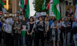 Pro-Palestinian demonstrators gather in Madrid, Spain, on a Friday, marching from Atocha t...