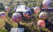 An aerial view of villagers attending the hot air balloon festival in Cluntang, Musuk, Boy...