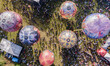 An aerial view of villagers attending the hot air balloon festival in Cluntang, Musuk, Boy...
