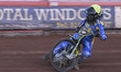 Mitchell Cluff of Edinburgh Monarchs (yellow) leads during heat 6 in the Knockout Cup Quar...
