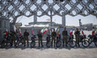 Iranian police officers stand guard outside a square during a pro-government rally commemo...