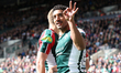 Gabriel Hamer-Webb of Leicester Tigers celebrates scoring his third try during the Gallagh...