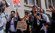 UK-based Zimbabweans gather outside the Zimbabwe Embassy in London, United Kingdom, on Apr...