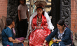 Nihira Bajracharya, the living goddess Kumari of Patan, gives blessings to devotees on the...