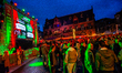 A large screen is set up in the Grote Markt to broadcast a football game in Nijmegen, Neth...
