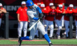 Roman Martin of the UCLA Bruins hits the ball during an NCAA baseball game at Bainton Fiel...