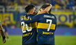 Alan Velazco and Exequiel Zeballos, players for Boca Juniors, score a goal during a Copa d...