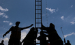 Members of the State Disaster Response Fund (SDRF) team conduct a mock drill with the Jamm...