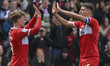Tommy Conway of Middlesbrough celebrates his goal with Middlesbrough Captain Dael Fry duri...