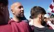 Cristian Bucchi, head coach of SS Arezzo, celebrates the team's promotion to Serie B durin...