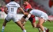 Will Trenholm of Gloucester Rugby runs towards Exeter's defense during the Gallagher Premi...