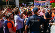 Demonstrators gather outside the People's Party (PP) headquarters on Calle Genova in Madri...