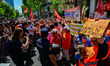 Demonstrators gather outside the People's Party (PP) headquarters on Calle Genova in Madri...