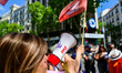 Demonstrators gather outside the People's Party (PP) headquarters on Calle Genova in Madri...