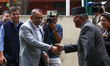 Gagan Kumar Thapa (left), President of the Nepali Congress, arrives for the parliamentary...