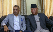 Gagan Kumar Thapa (left), President of the Nepali Congress, and newly elected parliamentar...