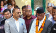 Gagan Kumar Thapa (left), President of the Nepali Congress, addresses the media after the...