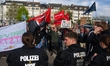 Counter-protesters gather in front of Bilk Community House in Duesseldorf, Germany, on Apr...