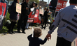 Activists protest in front of the Hunt Expo hunting fair in Krakow, Poland, on April 25, 2...