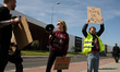 Activists protest in front of the Hunt Expo hunting fair in Krakow, Poland, on April 25, 2...