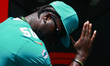 David Ojabo of the Miami Dolphins participates in a planned media event in the team villag...