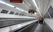 Escalators lead down to the platforms of Kossuth Lajos ter metro station on line M2 near t...