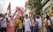 Supporters of the Bharatiya Janata Party (BJP) celebrate in front of the BJP party office...