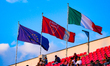 Flags are displayed over the U-Power Stadium during the AC Monza vs. Empoli FC Serie B mat...