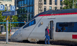 An SBB CFF FFS train stands at a platform at Munich Central Station in Munich, Bavaria, Ge...