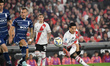 Sebastian Driussi of River Plate strikes the ball and scores a goal for the Nunez-based te...