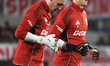 Franco Armani and Santiago Beltran of River Plate warm up before the match between River P...