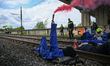Protesters block a freight railway route near the Port of Rotterdam during a pro-Palestine...