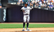 New York Yankees player Anthony Volpe #11 doubles during the second inning of the baseball...