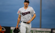 Jack Cebert of the Somerset Patriots exits the field during a Minor League Baseball game a...
