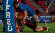 Alex Bishop scores a try for Barrow during the BETFRED Championship match between Doncaste...