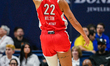 A'ja Wilson #22 of the Las Vegas Aces reacts after making a three-point shot during the WN...