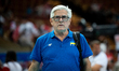 Raul Lozano, head coach of the Ukraine national team, is seen during a volleyball game bet...