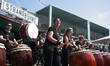 A group performs Japanese Taiko drums during the traditional Japan Day in Duesseldorf, Ger...