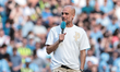 Pep Guardiola, manager of Manchester City, becomes emotional during his last game as the c...