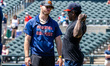 D'Andre Smith of the Binghamton Rumble Ponies reacts before a Minor League Baseball game a...