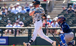 Garrett Martin of the Somerset Patriots hits the ball during a Minor League Baseball game...