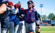 Vincent Peroza of the Binghamton Rumble Ponies celebrates after a Minor League Baseball ga...