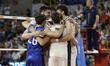 Italy celebrates after scoring during the friendly volleyball test match between Italy and...