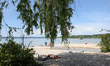 People sunbathe and relax on the pebble beach under a willow tree at Lake Ammersee in Herr...