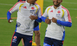 Johan Mojica and Luis Suarez, players for the Colombian national team, train in Bogota, Co...