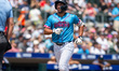 Jace Avina of the Somerset Patriots celebrates a home run during a Minor League Baseball g...