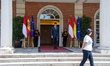 Spanish Prime Minister Pedro Sanchez welcomes His Serene Highness Prince Albert II of Mona...