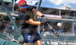 Santiago Gomez of the Somerset Patriots warms up before a Minor League Baseball game at TD...