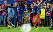 Ousmane Dembele of Paris Saint-Germain FC and Achraf Hakimi celebrate with the trophy the...
